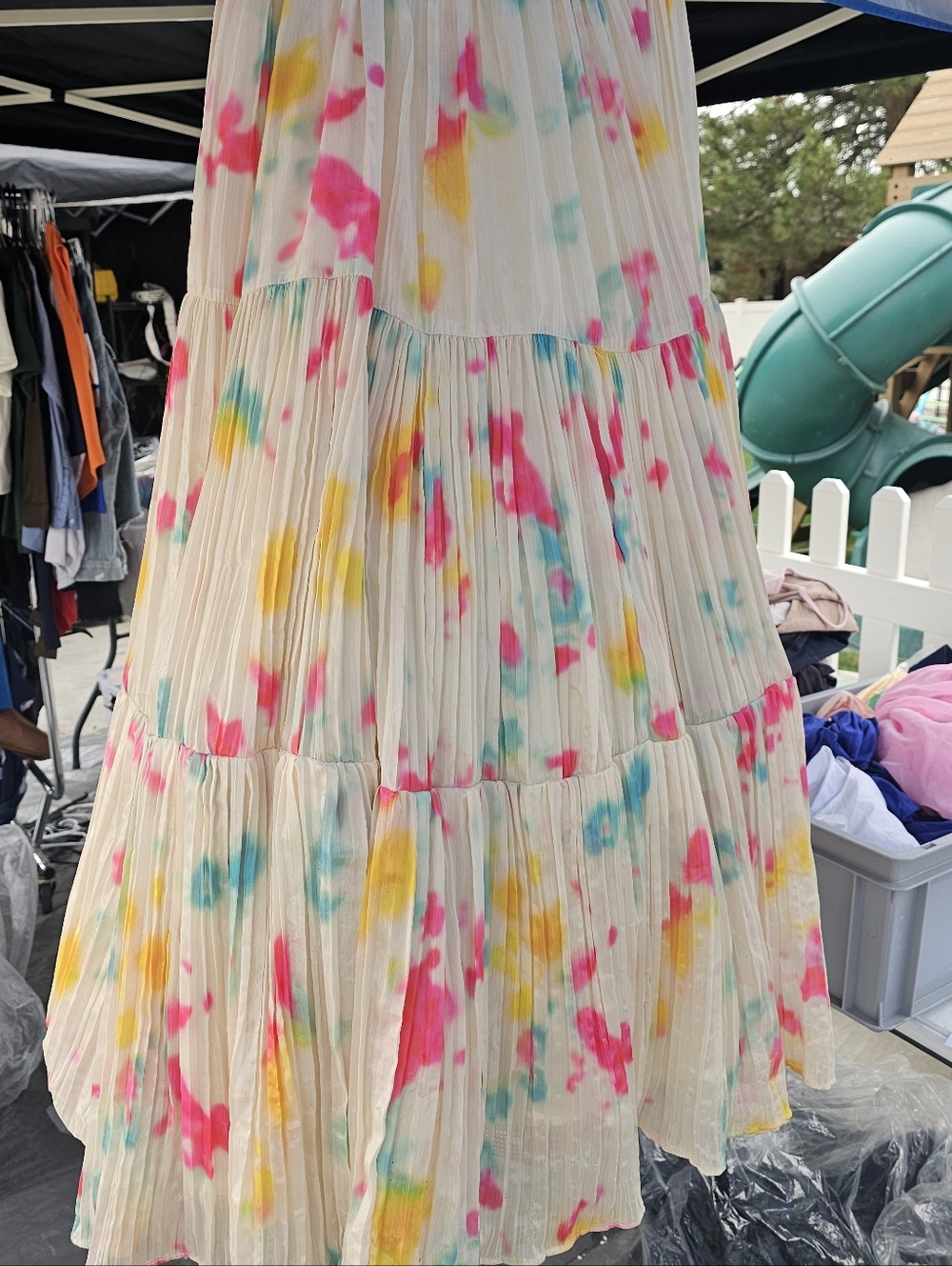 Tiered Cream Maxi Skirt with Pink, Yellow & Blue Paint Splatter
